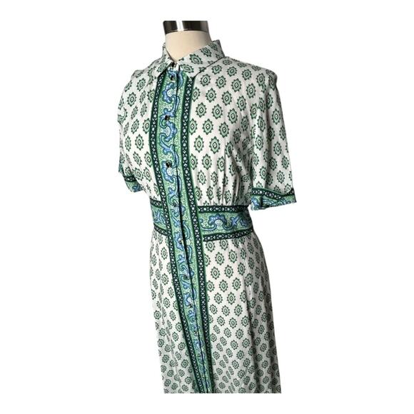 Sandro Naim Gathered Printed Woven Midi Shirt Dress Green Blue White SZ 40 US 8 - Picture 6 of 16